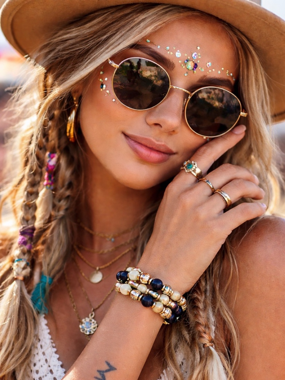 The Limited Beaded Stretch Bracelet Set Navy Gold Cream Stack